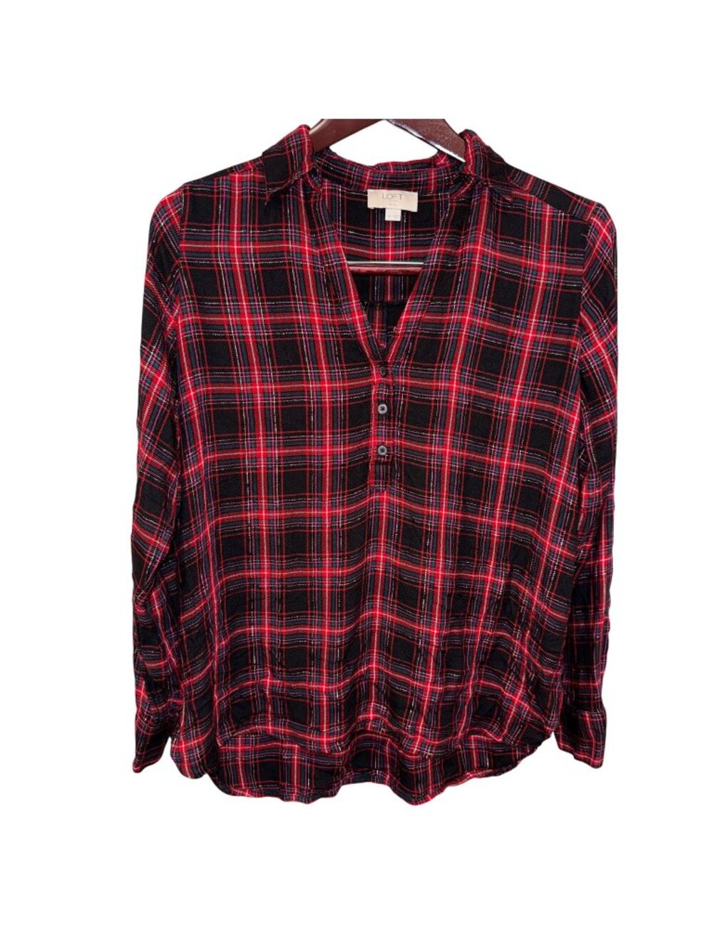 Loft Womens Petite Plaid Top Size SP Red & Black Long Sleeve